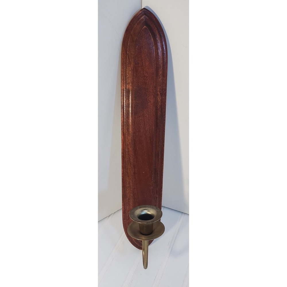 VTG HomCo Candle Sconce Gothic Pointed Wood Brass Brown Wall Hanging MCM Rustic
